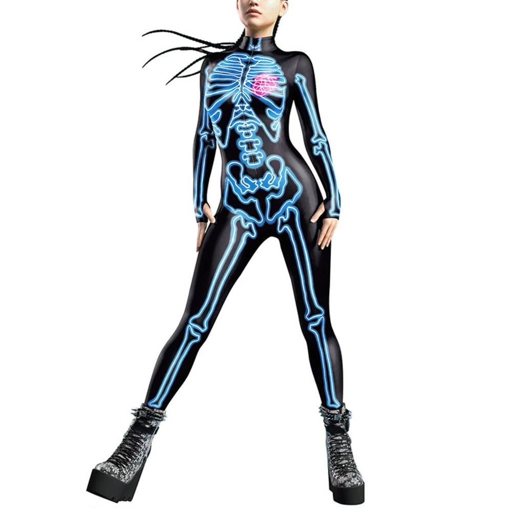 Women Jumpsuit Long Sleeve Bones Print Halloweent Cosplay Costume