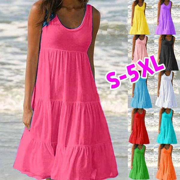 S-5XL Plus Size Fashion Clothes Women's Casual Spring Summer Dresses Sleeveless Dress Loose Tank Top Dresses Solid Color A-line Dress Cotton O-neck Off Shoulder Dresss Pleated Halter Dress Ladies Mini Dress Beach Wear Party Dresses