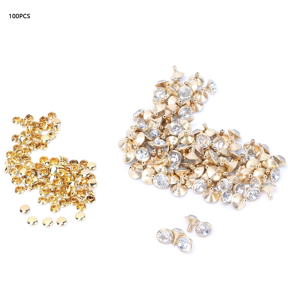 100pcs10mm Metal Rhinestones Rivets Studs Spikes Decoration (Gold edge + white Crystal)