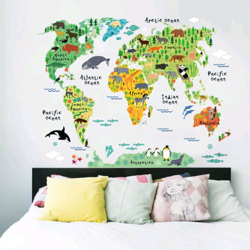 Animal World Map Wall Stickers, Kids Decor, Children's Room Wallpaper