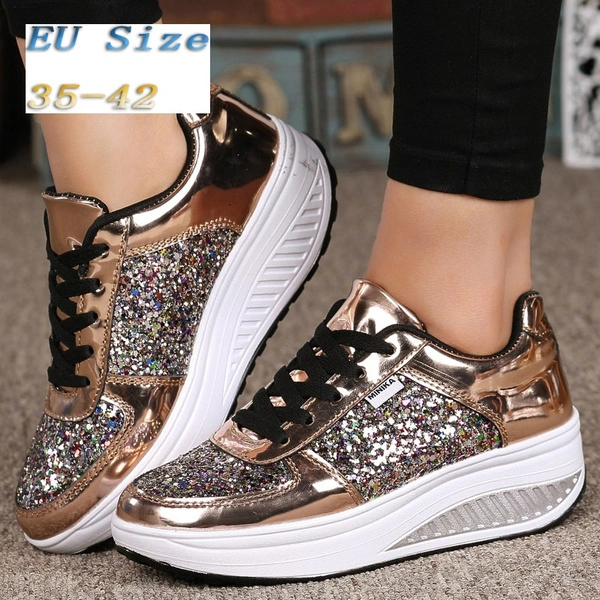 Ladies Fashion Sequins Shake Sneakers Shoes Casual Thick Soled Platform Shoes Outdoor Sport Fitness Tennis Shoes Size:35-42