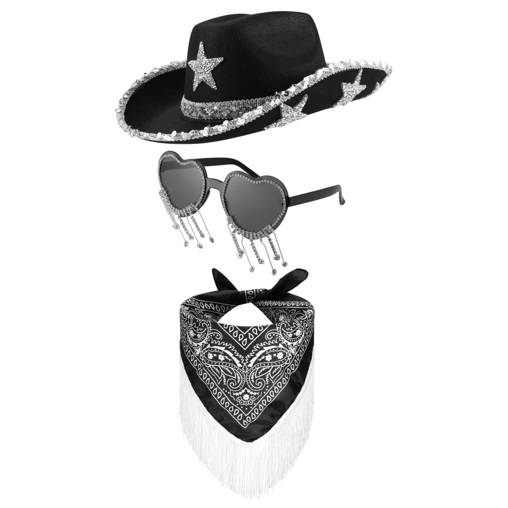 Women Cowboy Hats Glitter Star Cowgirl Has with Sunglasses and Bandana