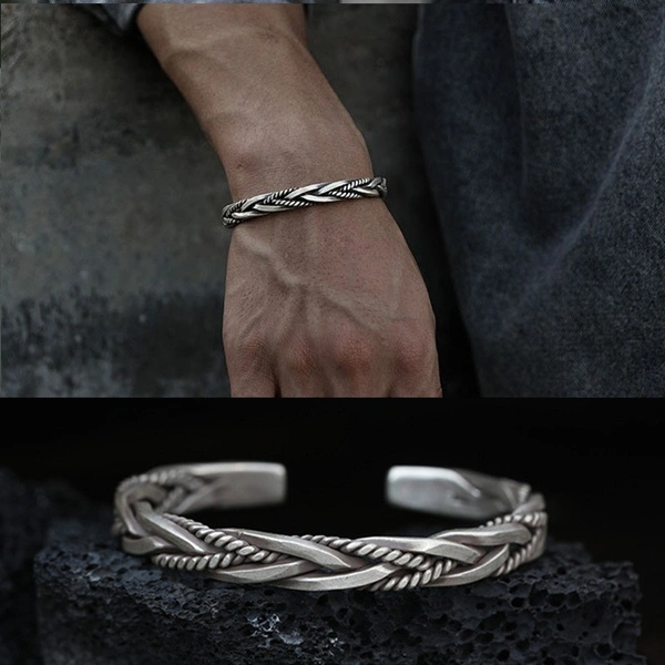 925 Sterling Silver Vintage Weave Style Opening Men Bracelet Fashion Silver Distressed Geometric Bracelets Jewelry Gift