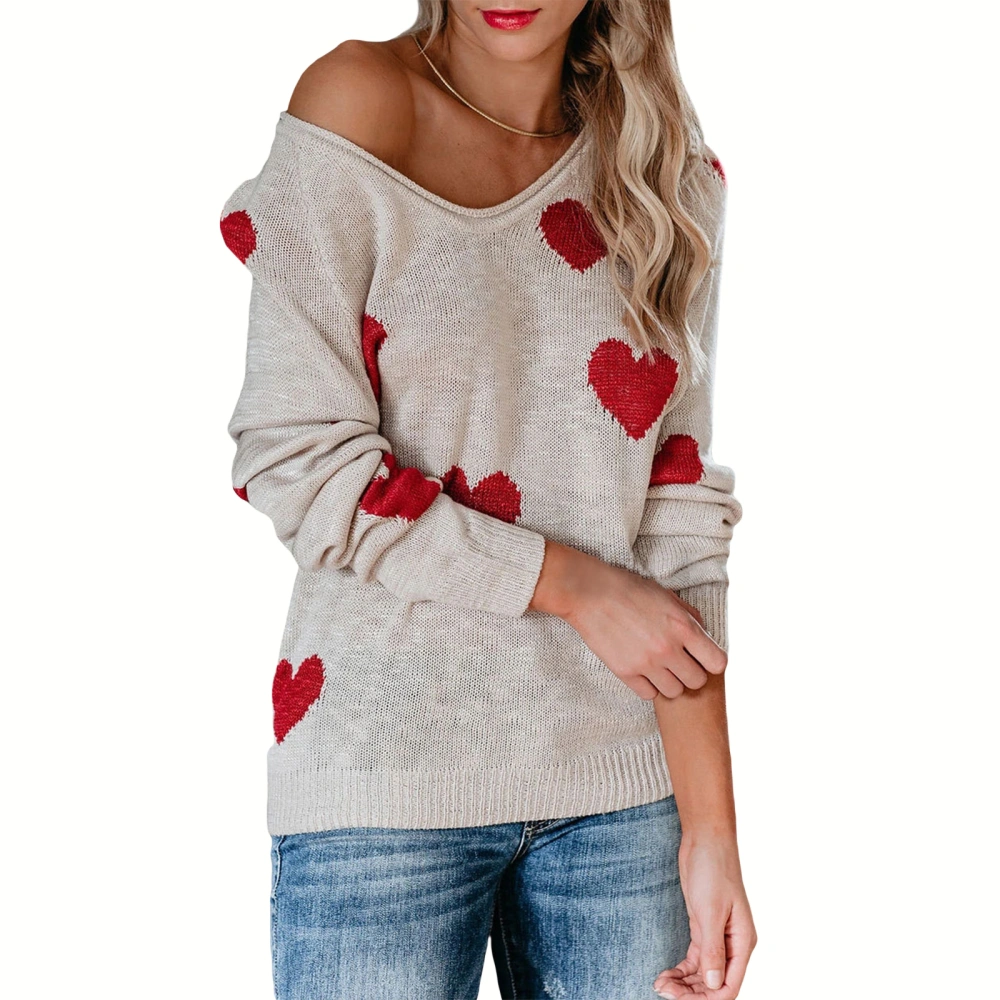 Women's Valentine's Long Sleeve V Neck Heart Print Loose Knitwear