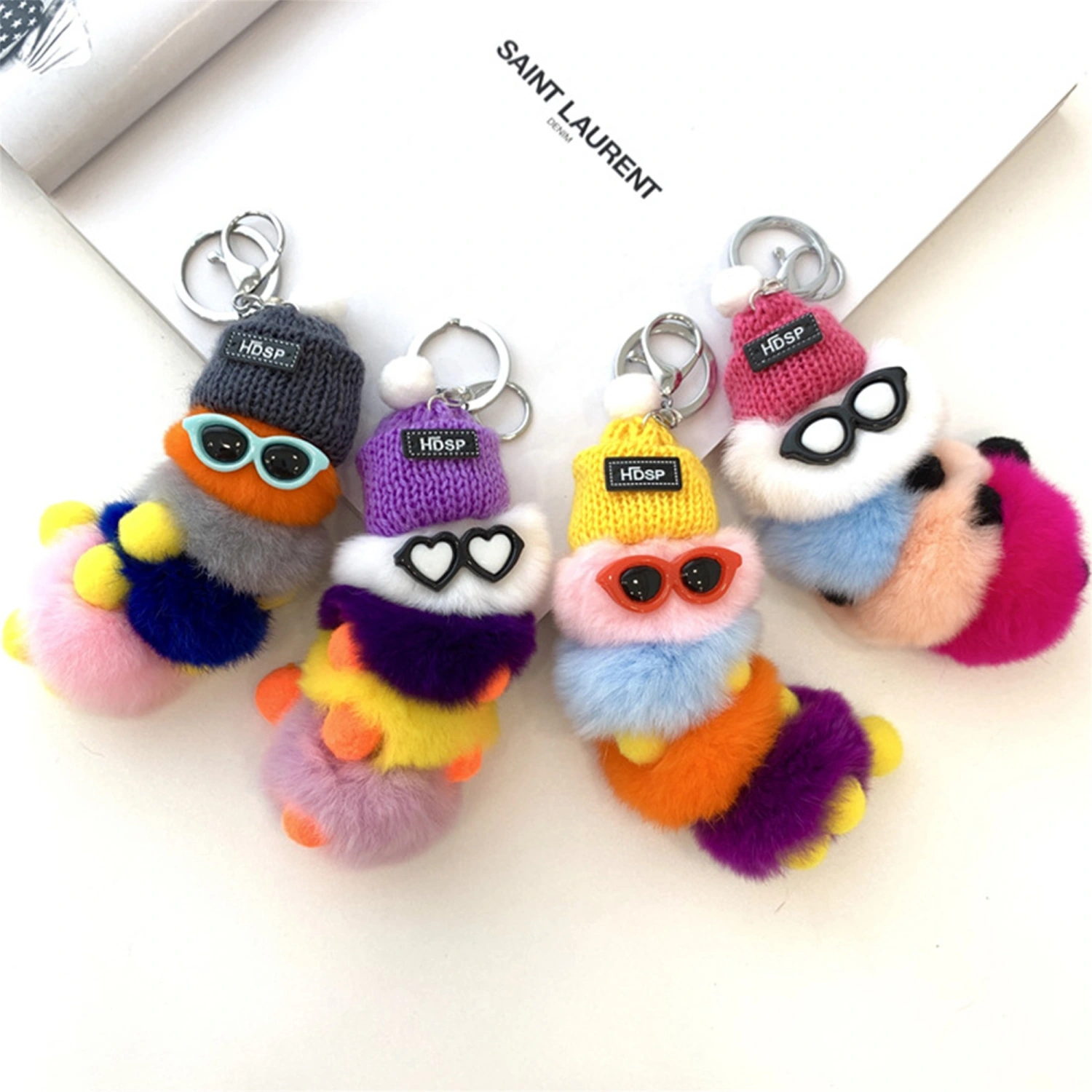 Cartoon Keychain, Fluffy Cotton Caterpillars Key Pendant for Car Key