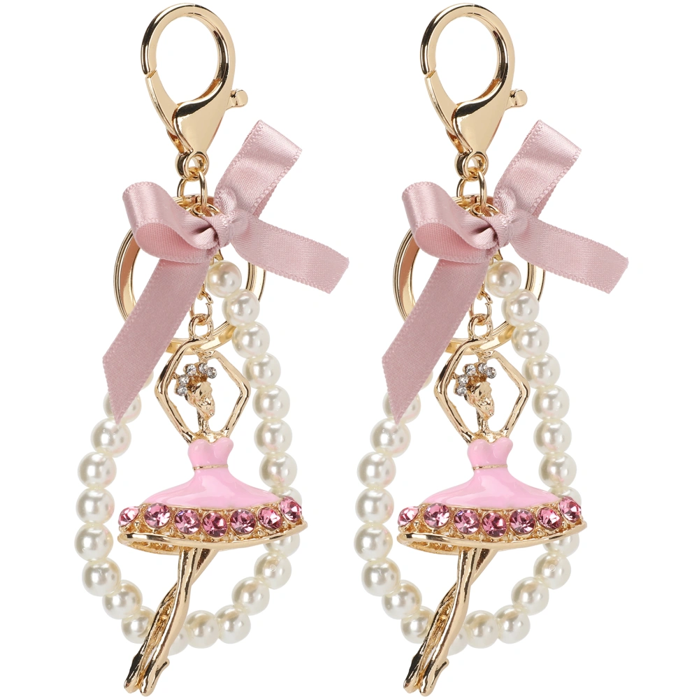 2Pcs Keychain Pendant Ballet Girl Diamond Studded Bowknot Pearl Bag Metal Key Ring Decoration