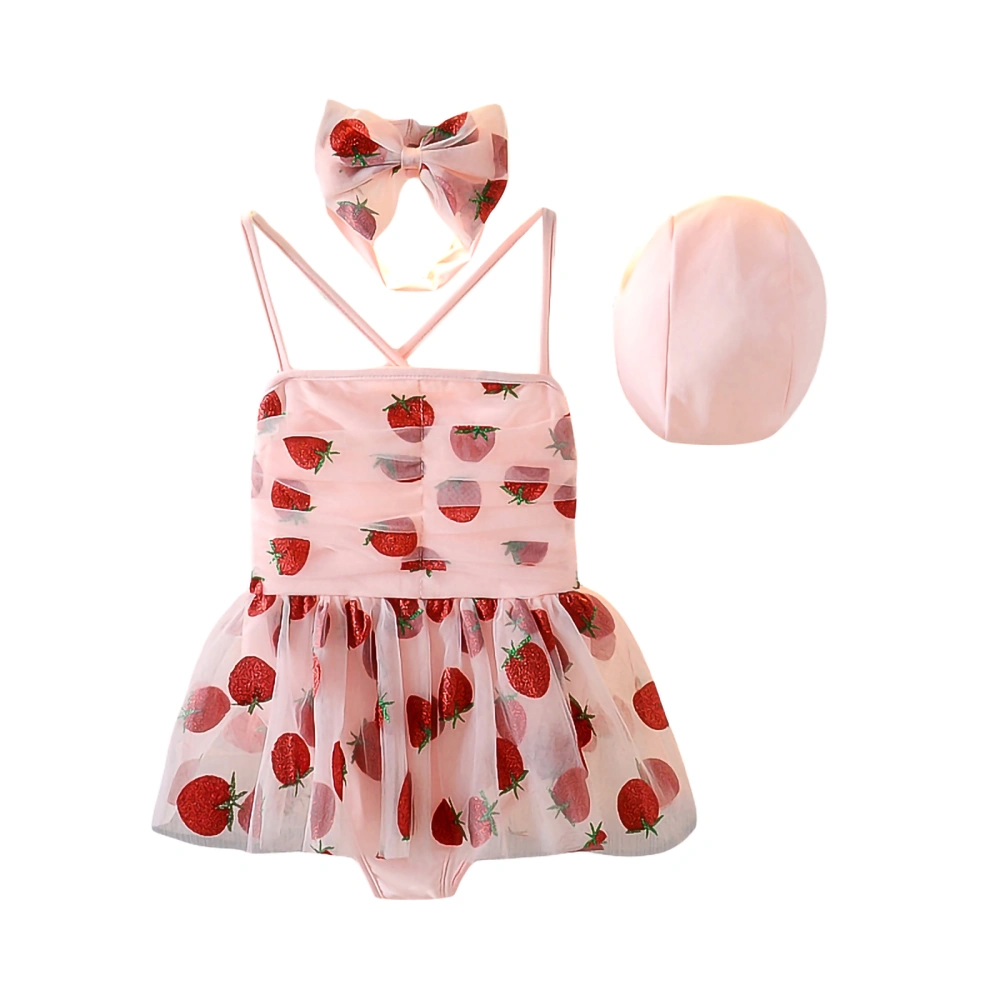 Kids Girls Bikini Set, Solid/Strawberry Print Swimsuit + Swimming Cap