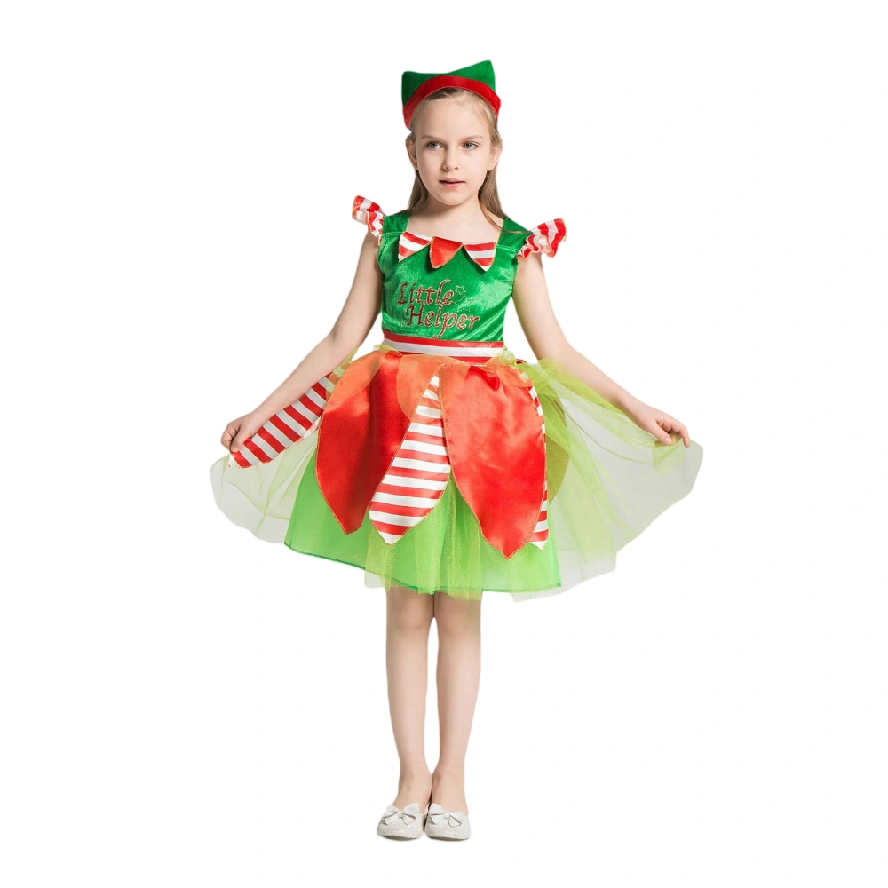 Girl Christmas Elf Costume Cute Mesh Tulle Dress and Elf Hat for Kids