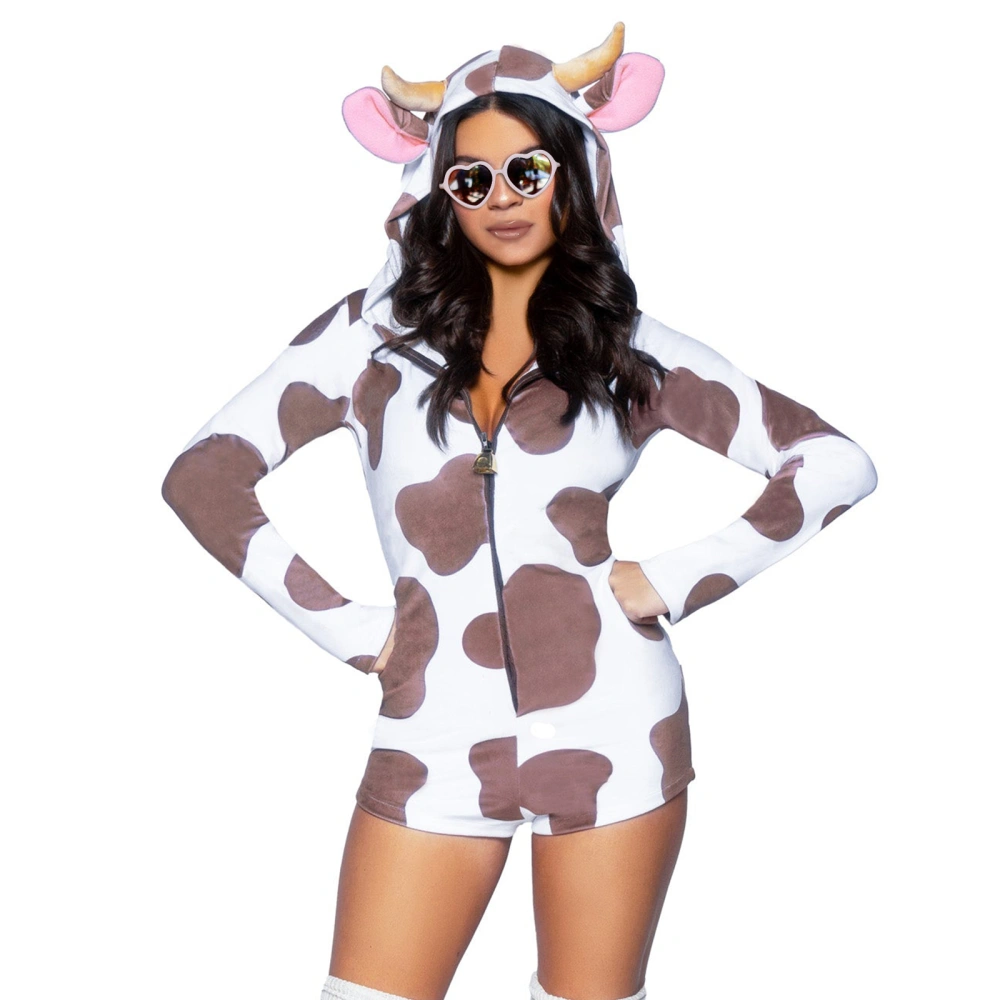 Women's Pajamas Romper Long Sleeve Zip Up Hooded Jumpsuit Cow Costume