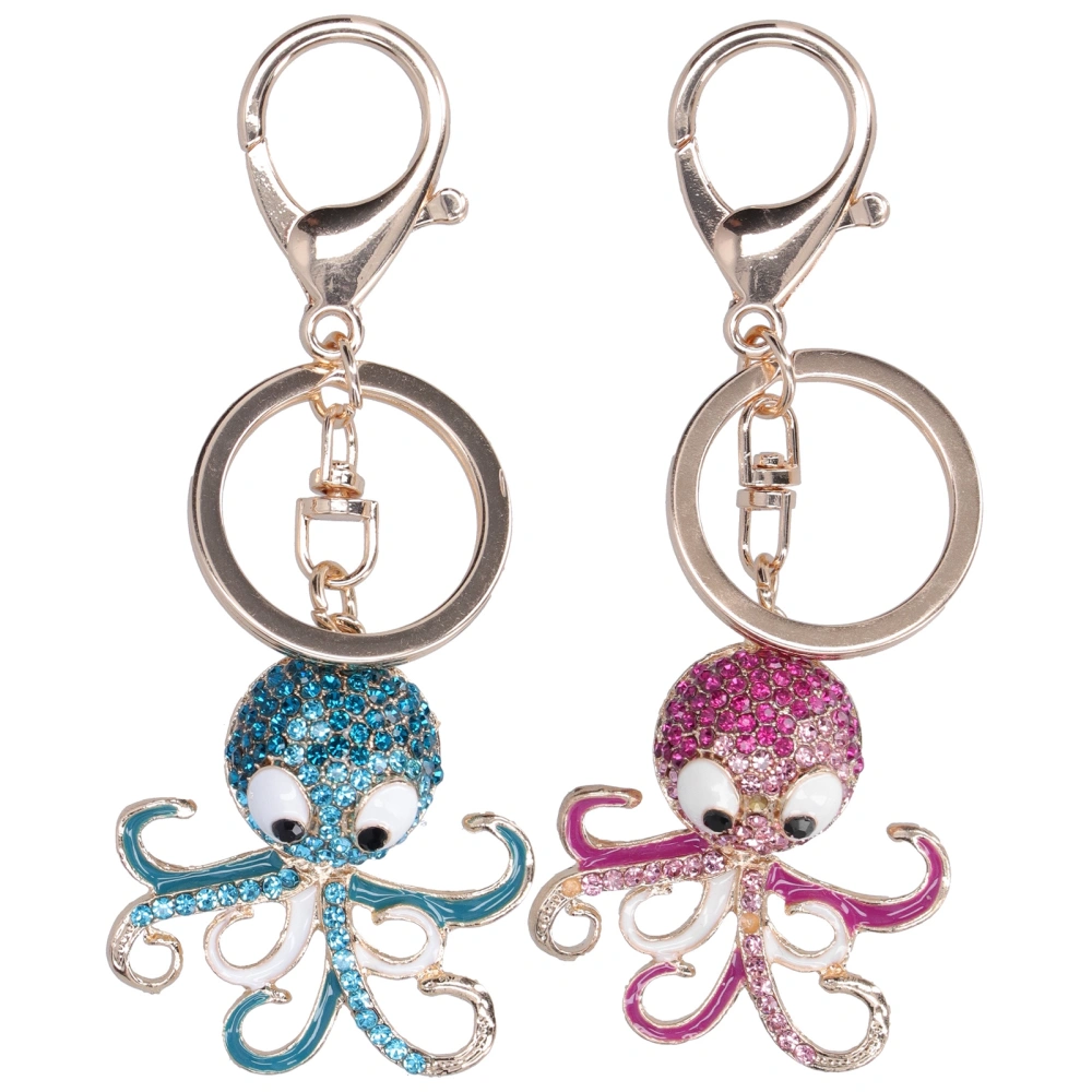 2PCS Fashion Octopus Shaped Rhinestones Keychain Key Ring Bag Charm Pendant Gift(Blue Rose Red )