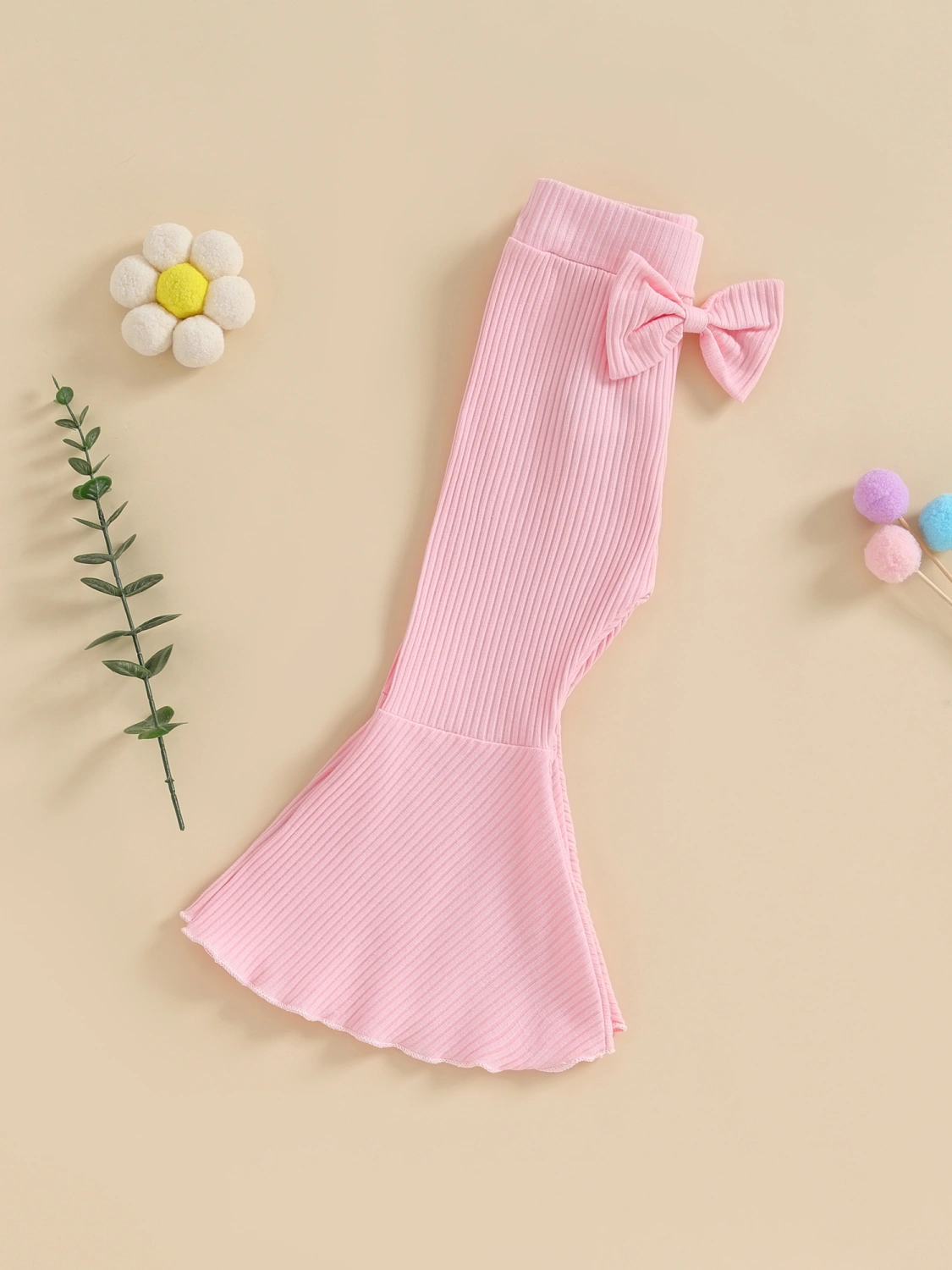 Kids Girl Flare Pants Ribbed Bell Bottoms Trousers Bow Ruffle Pants