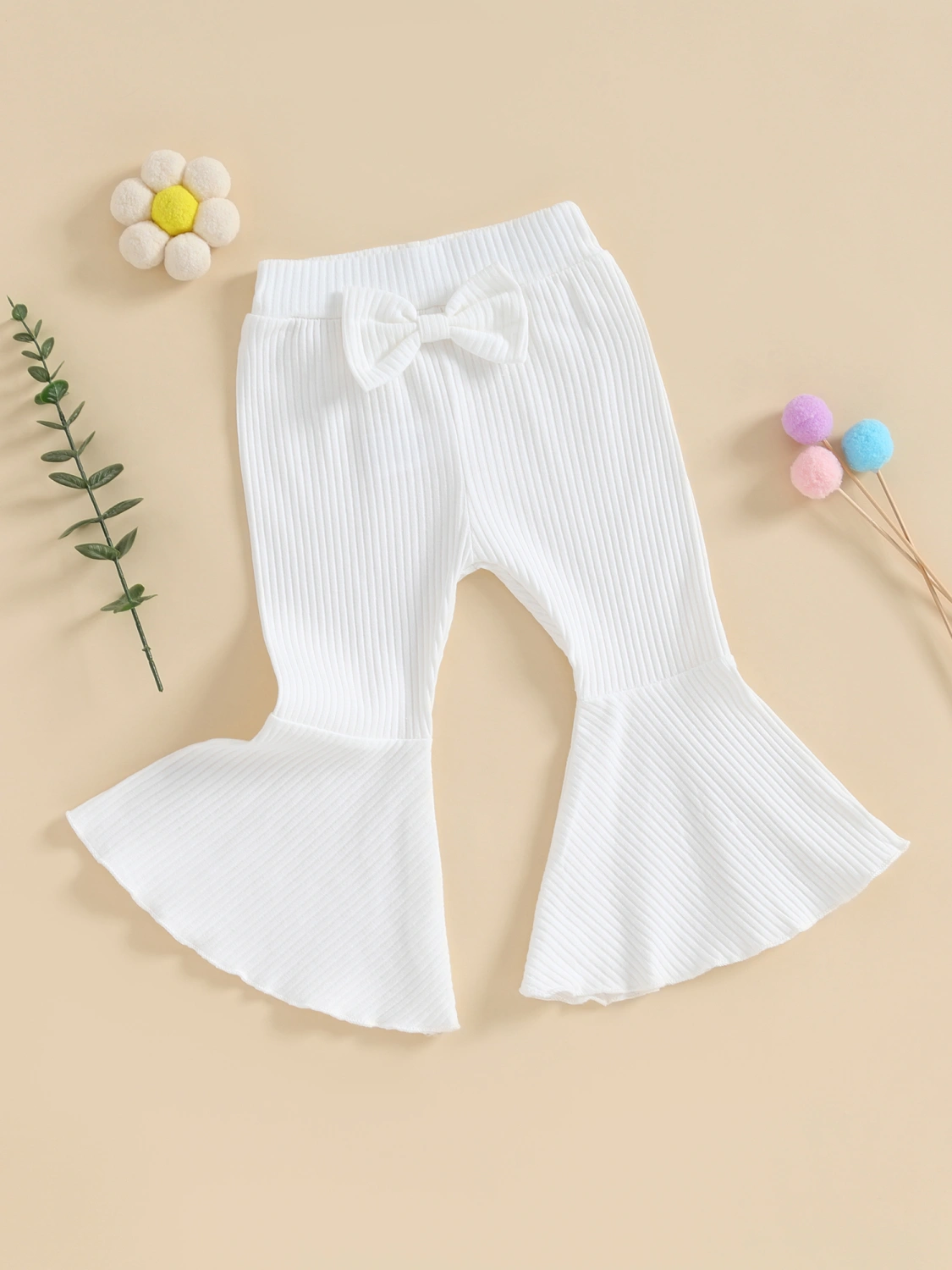 Kids Girl Flare Pants Ribbed Bell Bottoms Trousers Bow Ruffle Pants