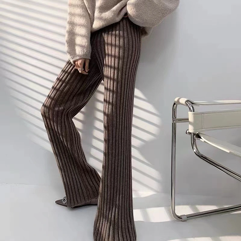 Casual Thick Knitted Women Pants Elastic High Waist Loose Female Wide Leg Pant Long Trousers 2021 Autumn Winter Striped Pantalon