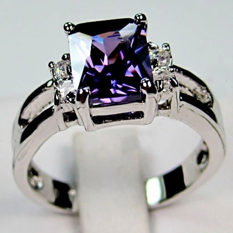 Jewelry Women 925 Silver Plated Amethyst Engagement Ring Size 6-10