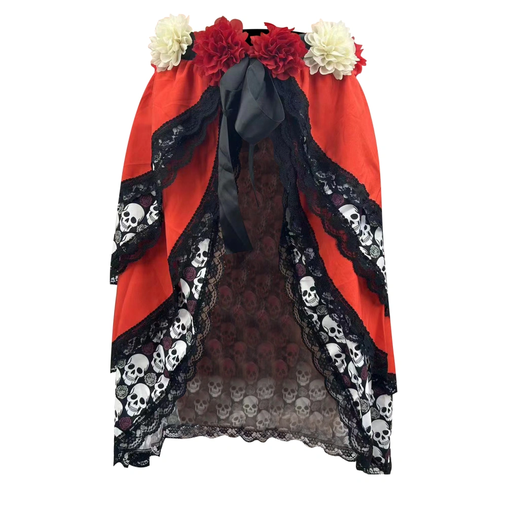 Women Halloween Queen Costumes Skull Print Drawstring Floral Skirt