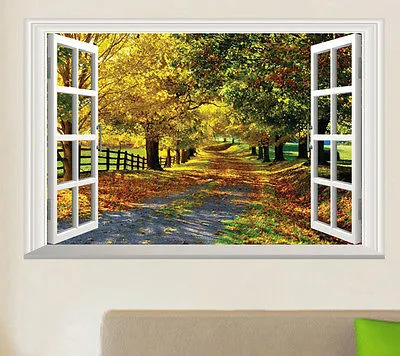 3D Wall Decal Maple Boulevard Landscape Open Window View Wall Sticker