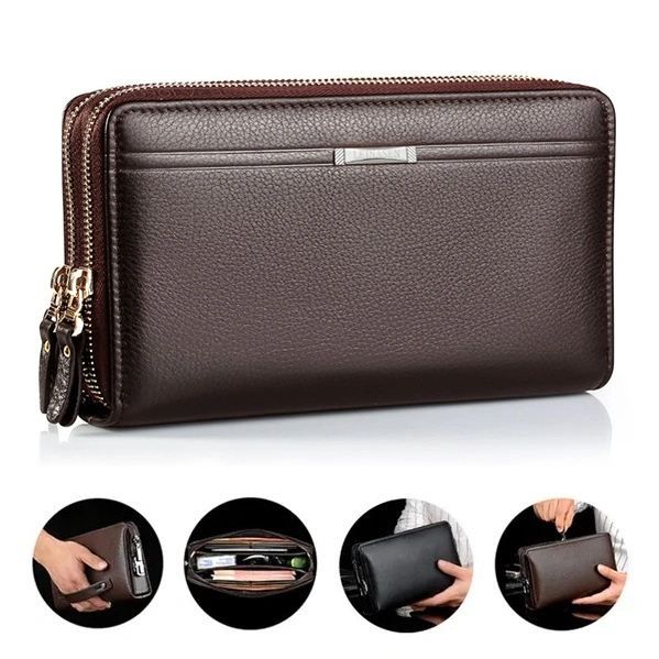 Fashion Business Men's PU Leather Wallets Handbag Multifunctional Bank/ID Card Holder Wallet Double Zippers Large Capacity Clutch Bag