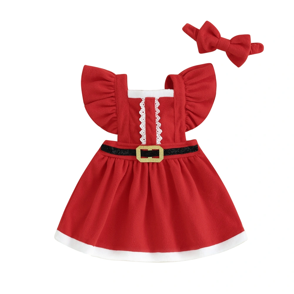 Toddler Girls Christmas Dress Ruffle Sleeve Belt Dress with Headband