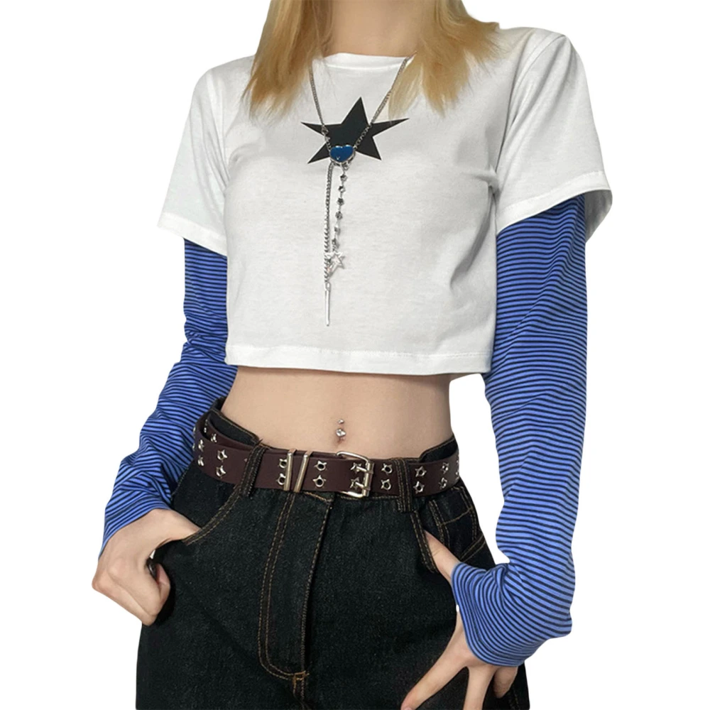 Women Crop Basic T-shirt Casual Star Print Long Sleeve Pullover Tops