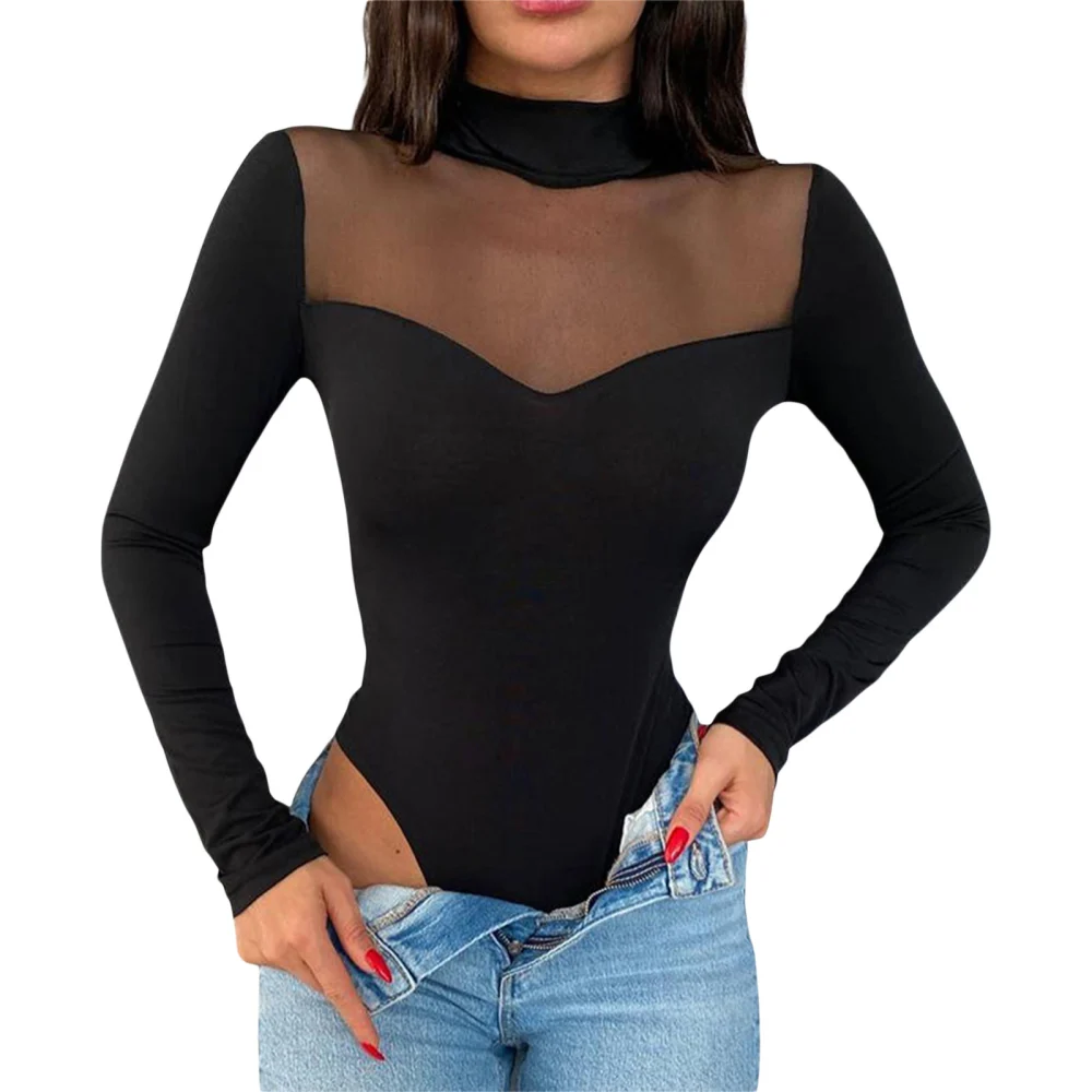 Women Bodysuits T-shirt Sheer Mesh Patchwork Long Sleeve Jumpsuits 