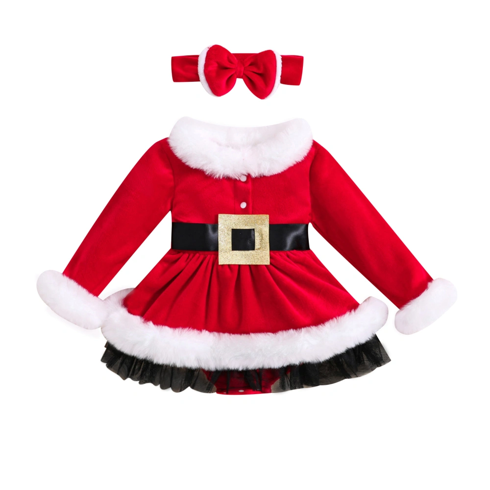 Baby Girls Christmas Outfits Fur Trim Romper Dress with Headband