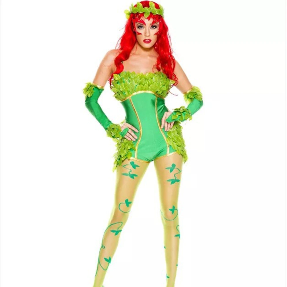 Women Forest Elf Costumes Leaf Bodysuit Arm Sleeves and Headband