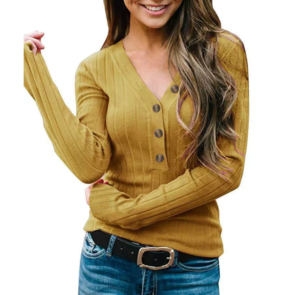 Women Knit Sweater Casual Long Sleeves Button V-neck Pullover Knitwear