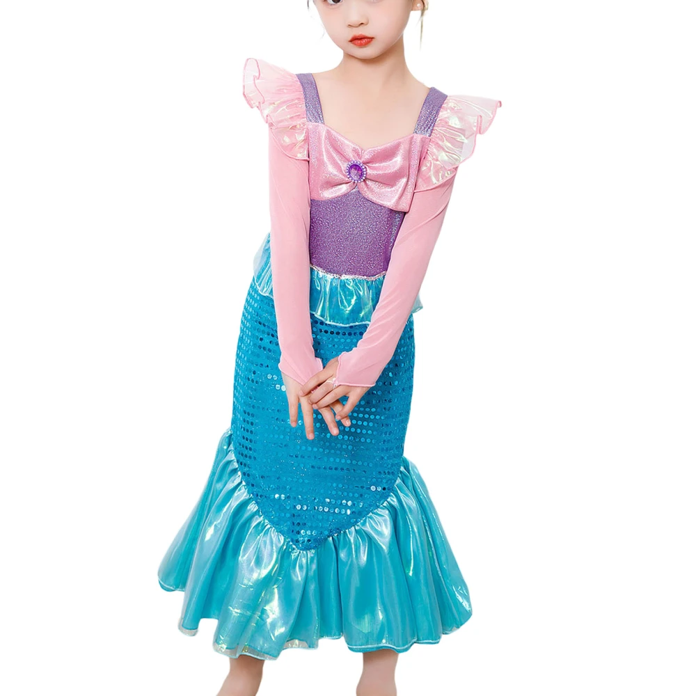 Kids Girls Mermaid Dress, Long Sleeve Sequins Patchwork Cosplay Dress