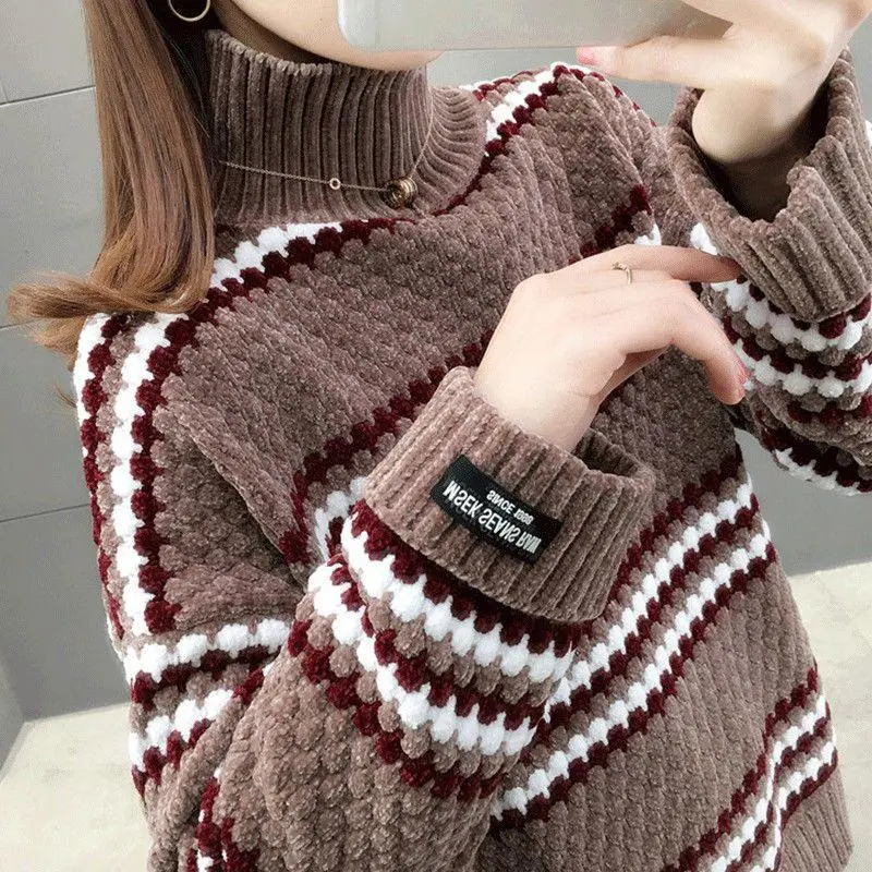 Chenille Knitted Sweater Ladies High Neck Long Sleeve Casual Loose Sweater Fall/winter Thick Warm Bottoming Sweater