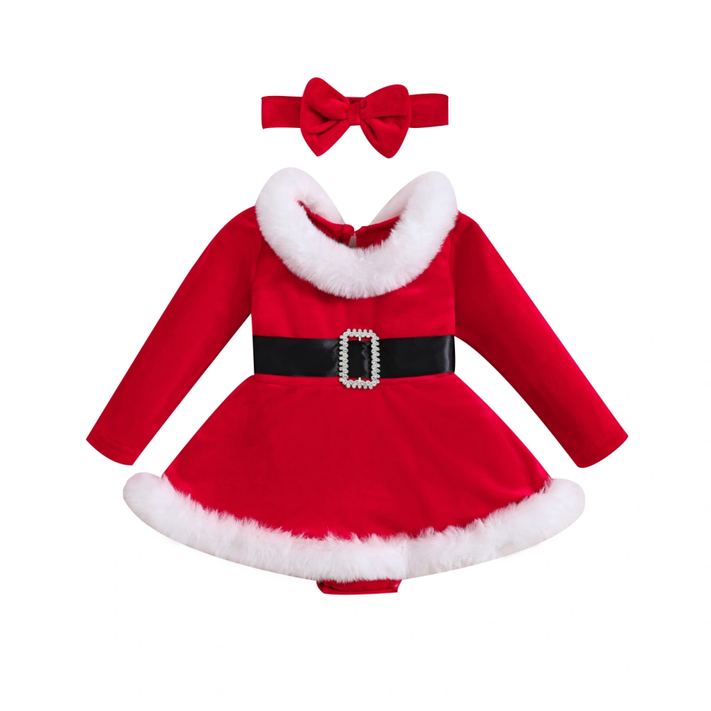 Baby Girls Christmas Outfits Fur Trim Velvet Romper Dress + Headband