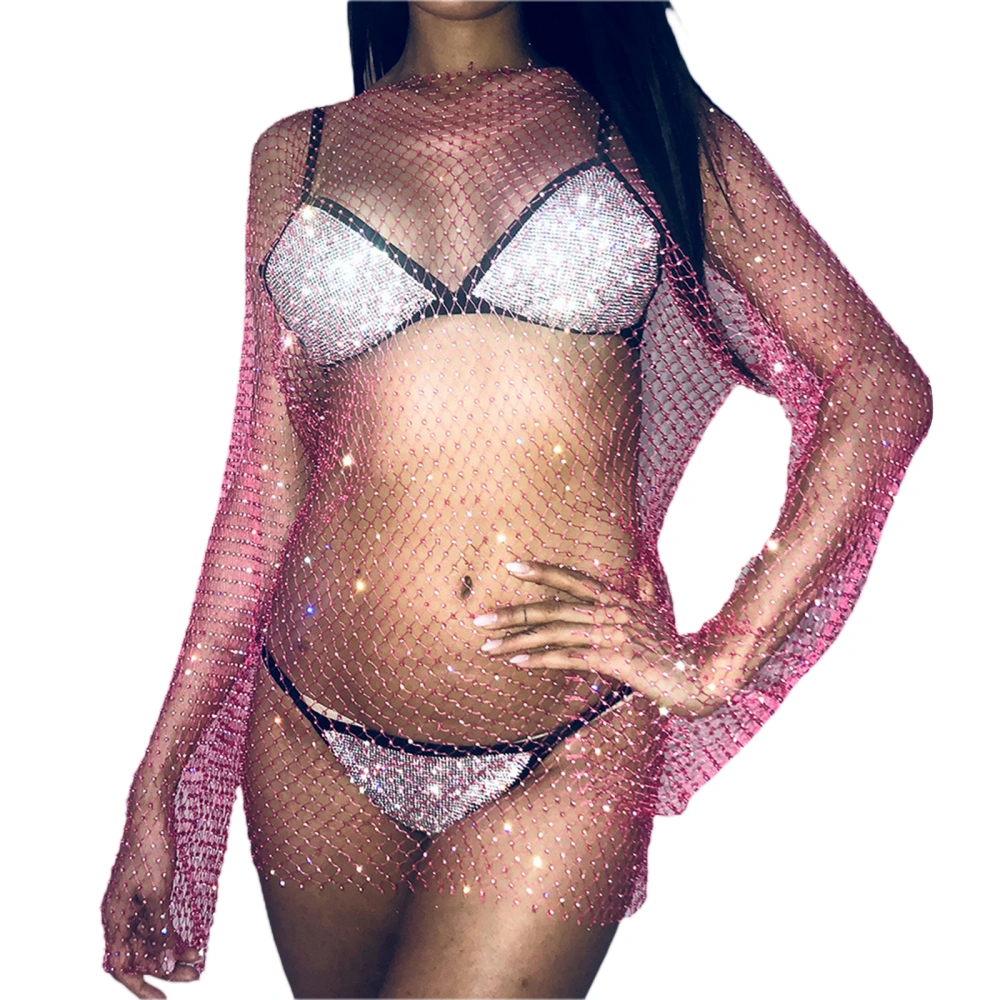 Women Rhinestones Dress Fishnet Cutout Dress for Club Bikini Cover Up