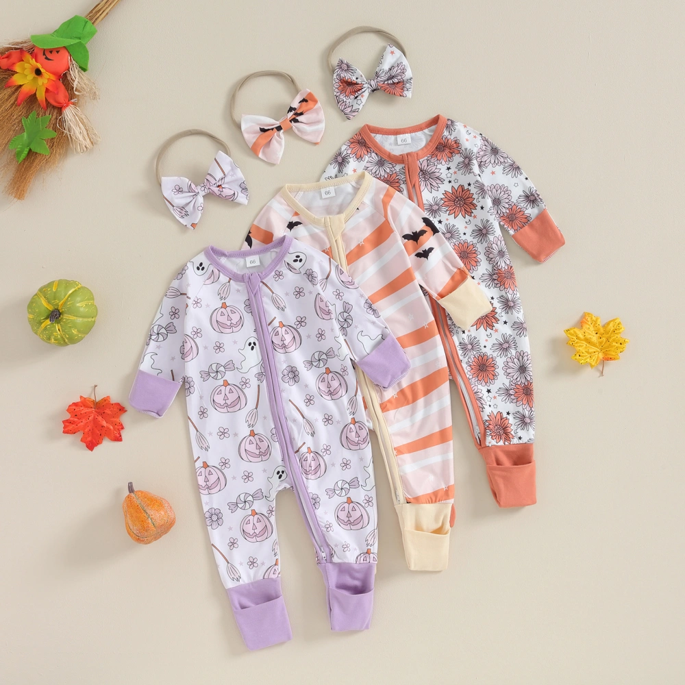 Infant Baby Halloween Jumpsuit, Newborn Zip Front Romper Cartoon Print Long Sleeve Footless Romper + Bow Headband