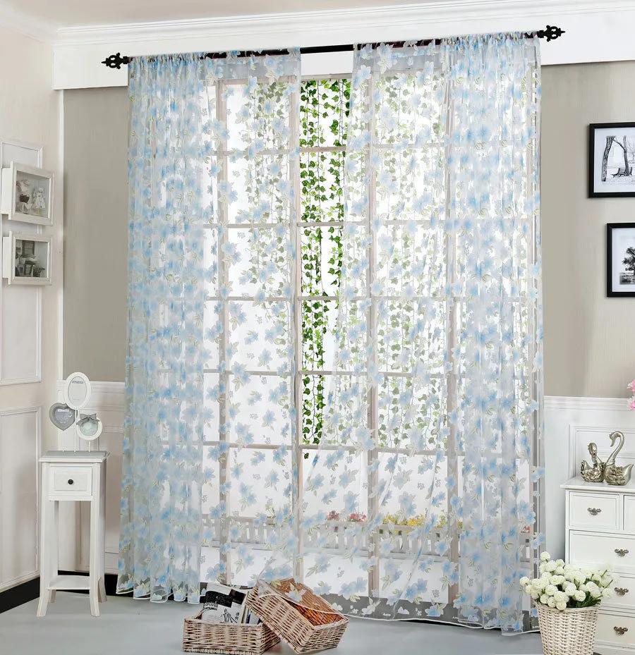 Floral Leaves Sheer Curtains, Living Room Bedroom Window Curtains
