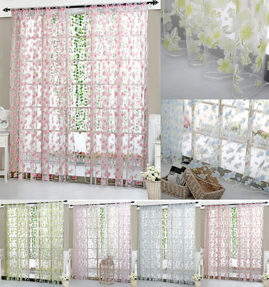 Floral Leaves Sheer Curtains, Living Room Bedroom Window Curtains