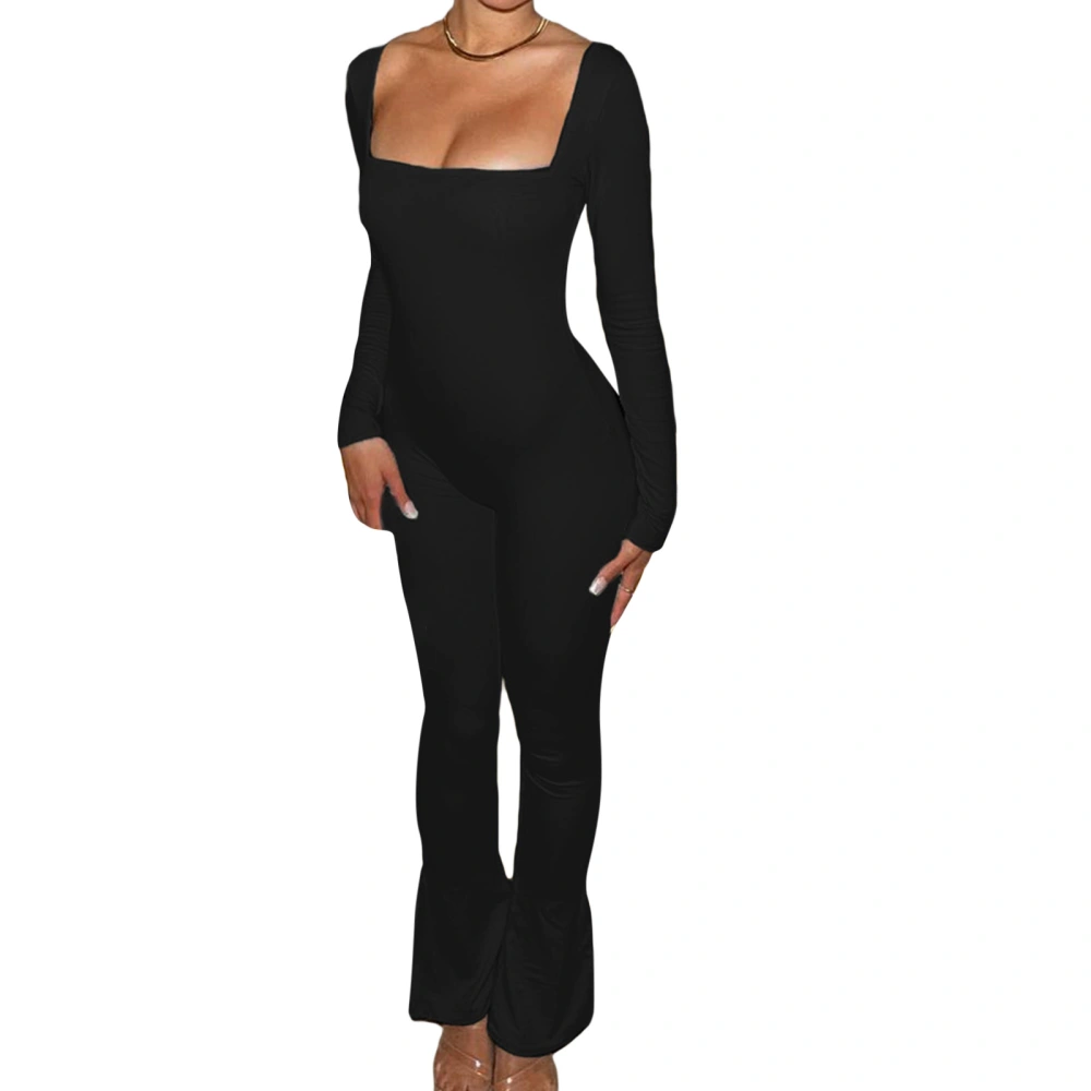 Women One Piece Jumpsuit Square Neck Long Sleeve Flared Pants Romper