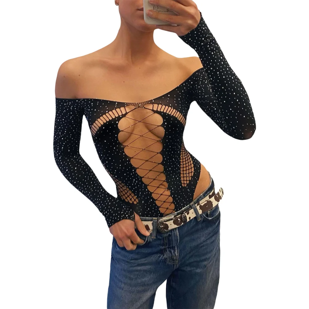 Women Off Shoulder Bodysuit, Shiny Rhinestone Hollow Out Leotard Tops