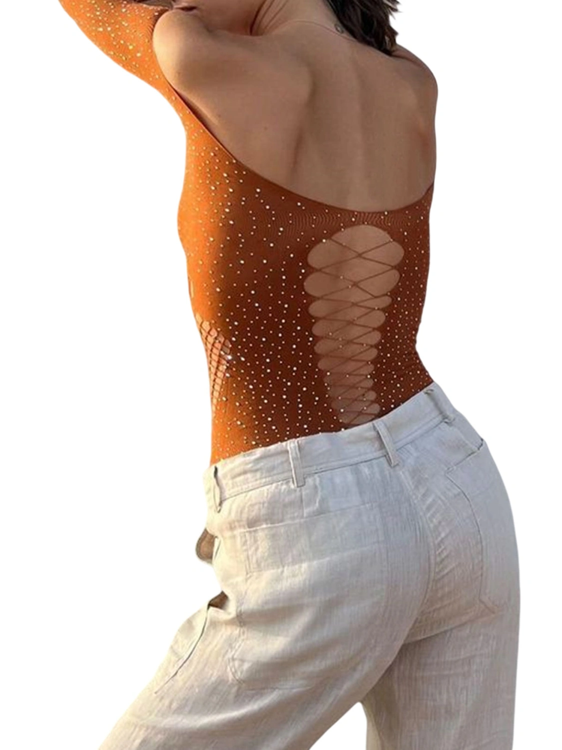 Women Off Shoulder Bodysuit, Shiny Rhinestone Hollow Out Leotard Tops