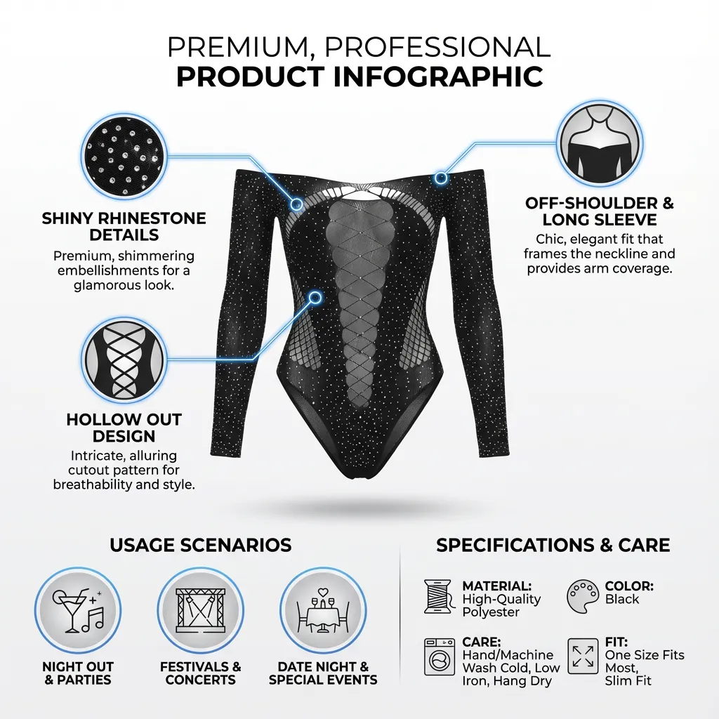 Women Off Shoulder Bodysuit, Shiny Rhinestone Hollow Out Leotard Tops