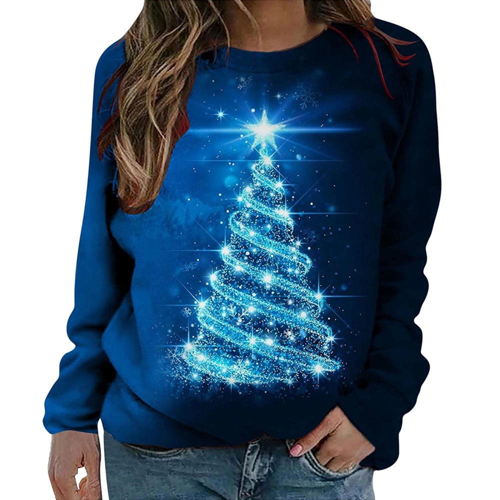 Women Christmas Shirt Long Sleeve Round Neck Tree Print Fall Tops