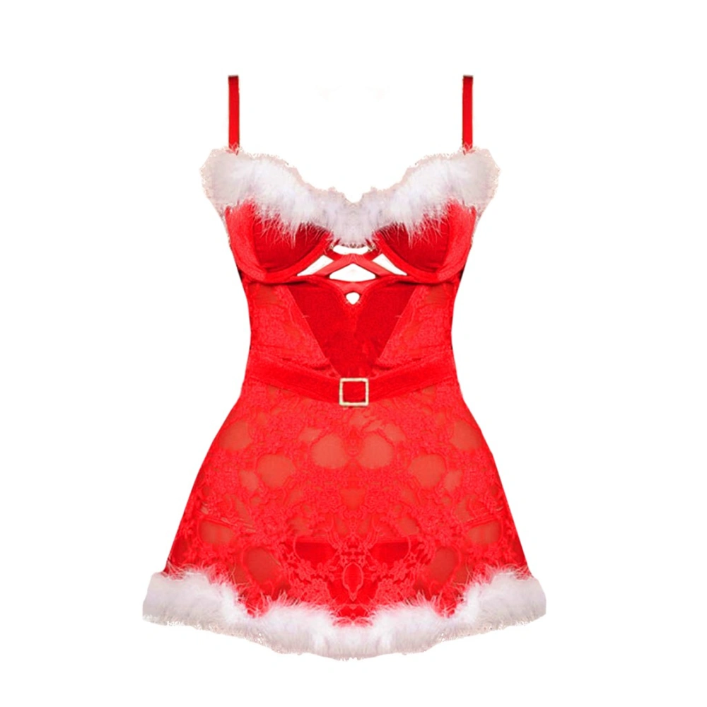 2 Pcs Christmas Sexy Lingerie Set, V-neck Lace Plush One-piece Dress, Mesh Thong