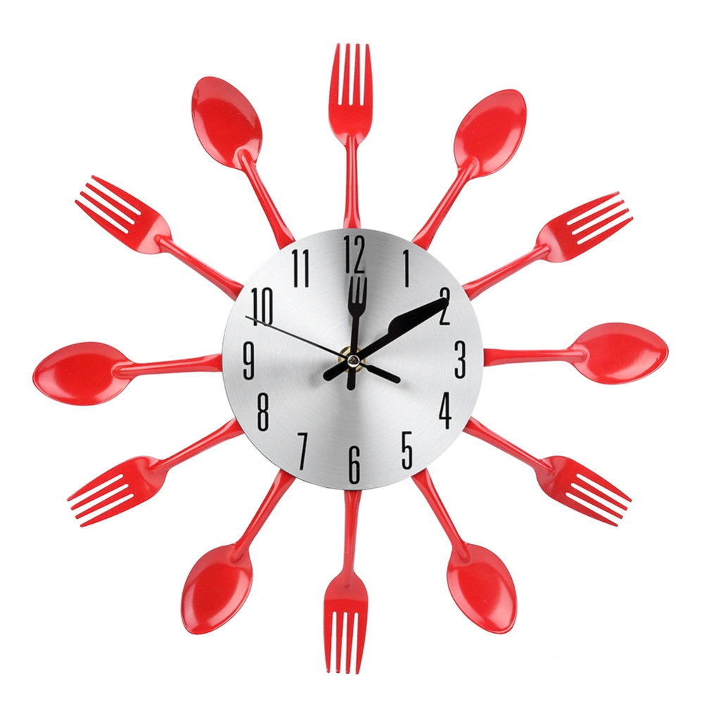 Stainless Steel Cutlery Clock Knife and Fork Spoon Wall Clock Kitchen Decoration Red