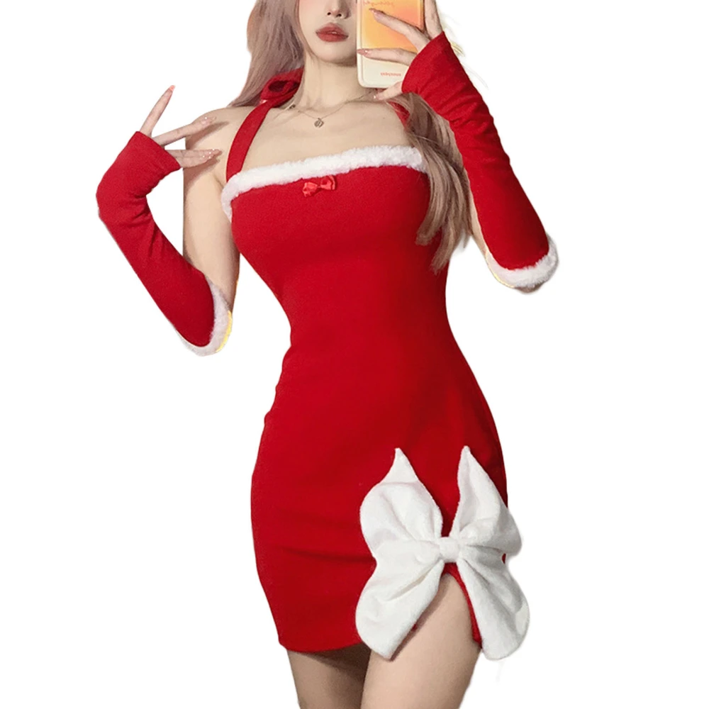 Christmas Women Dress Halterneck Backless Party Dress and Arm Sleeves