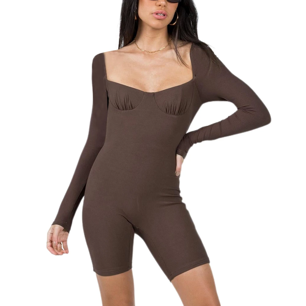 Women's Spring Solid Color Long Sleeve Square Neck Short Bodysuit