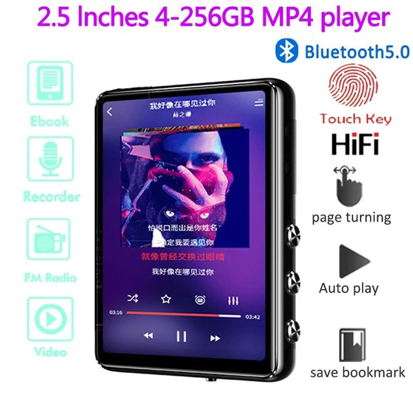 Bluetooth 5.0 MP4 Player 2.5" Full Screen Memory Card Walkman MP3 Player HiFi Lossless Sound Video Music Player FM Radio Repeater 4-64GB