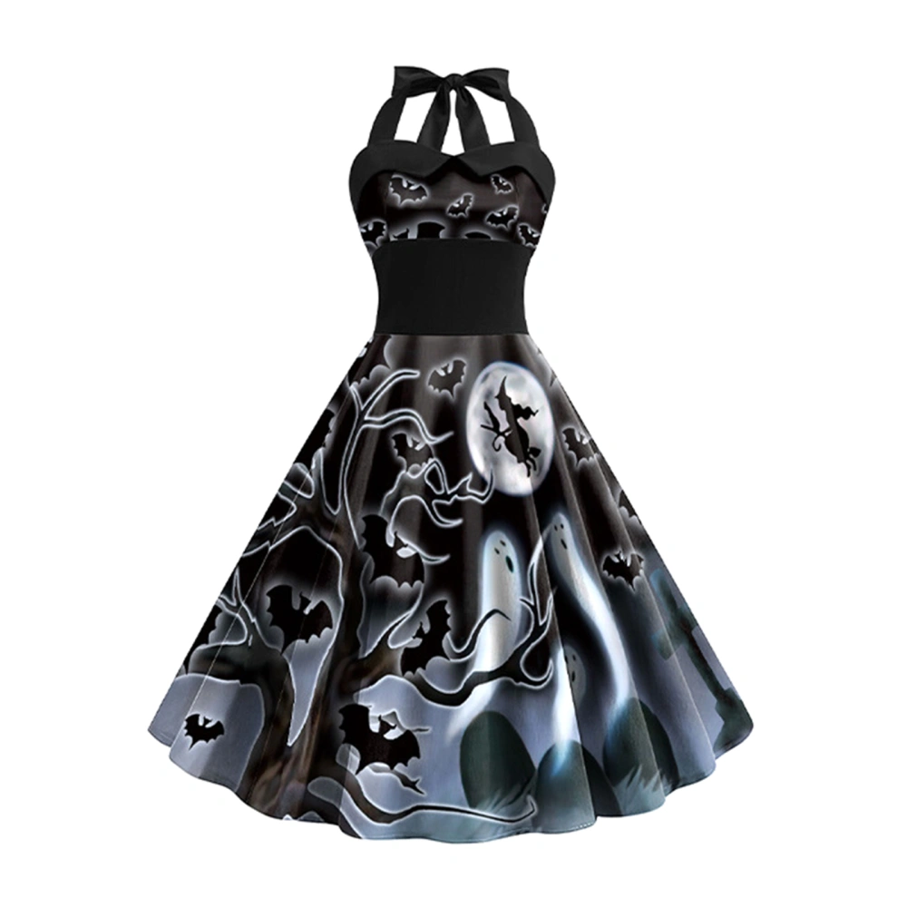 Womens Halloween Sleeveless Spider Web Pumpkin Ghost Print Party Dress