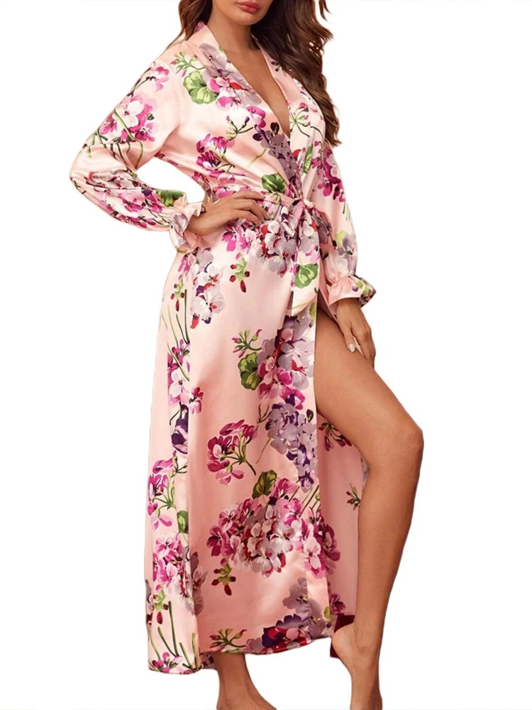 Women’s V-neck Lace up Flower Print Long-sleeved Sleeping Dress