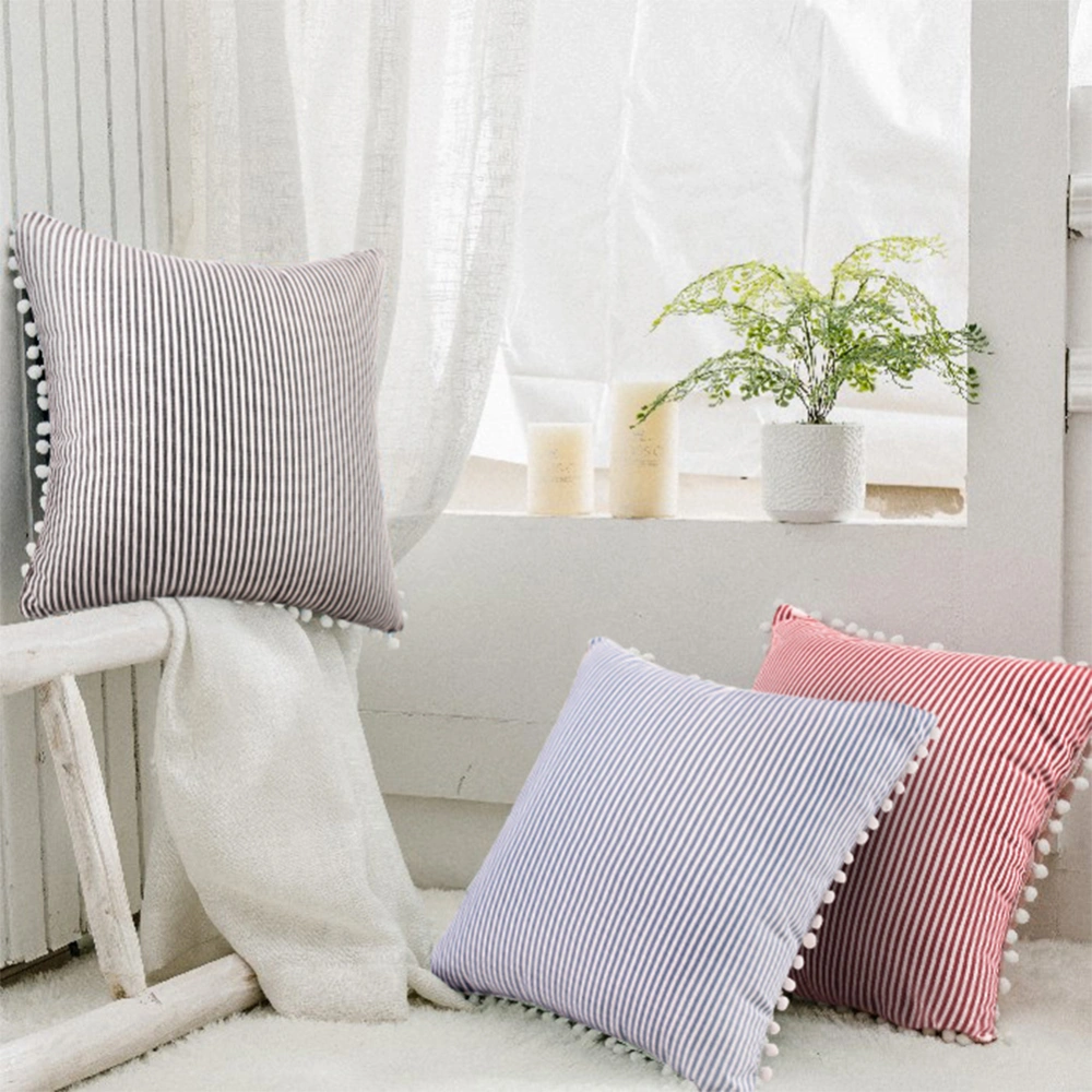 Home Pillow Cover, Stripe Square Pompoms Decoration Pillowcase