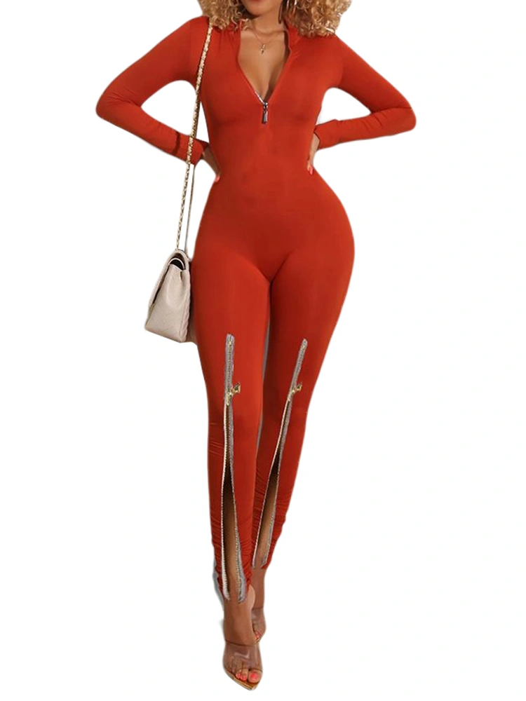 Women's Clothing Set, Slim Long Sleeve Zipper Jumpsuit One-piece Suit