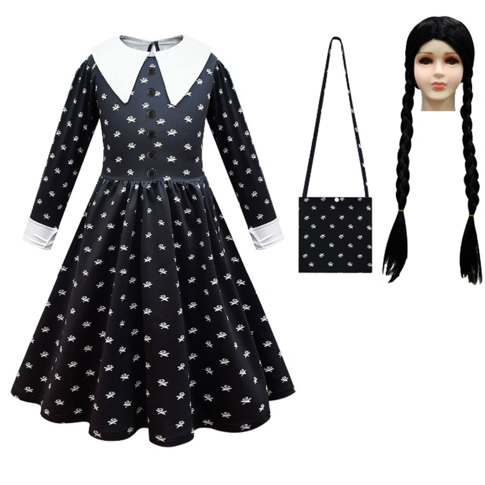 Girls Long Sleeve Doll Collar Cosplay Dress with Wig & Crossbody Bag