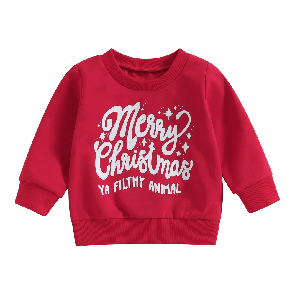 Girls Christmas Red Long Sleeve Letter Print Loose Fit Pullover Tops